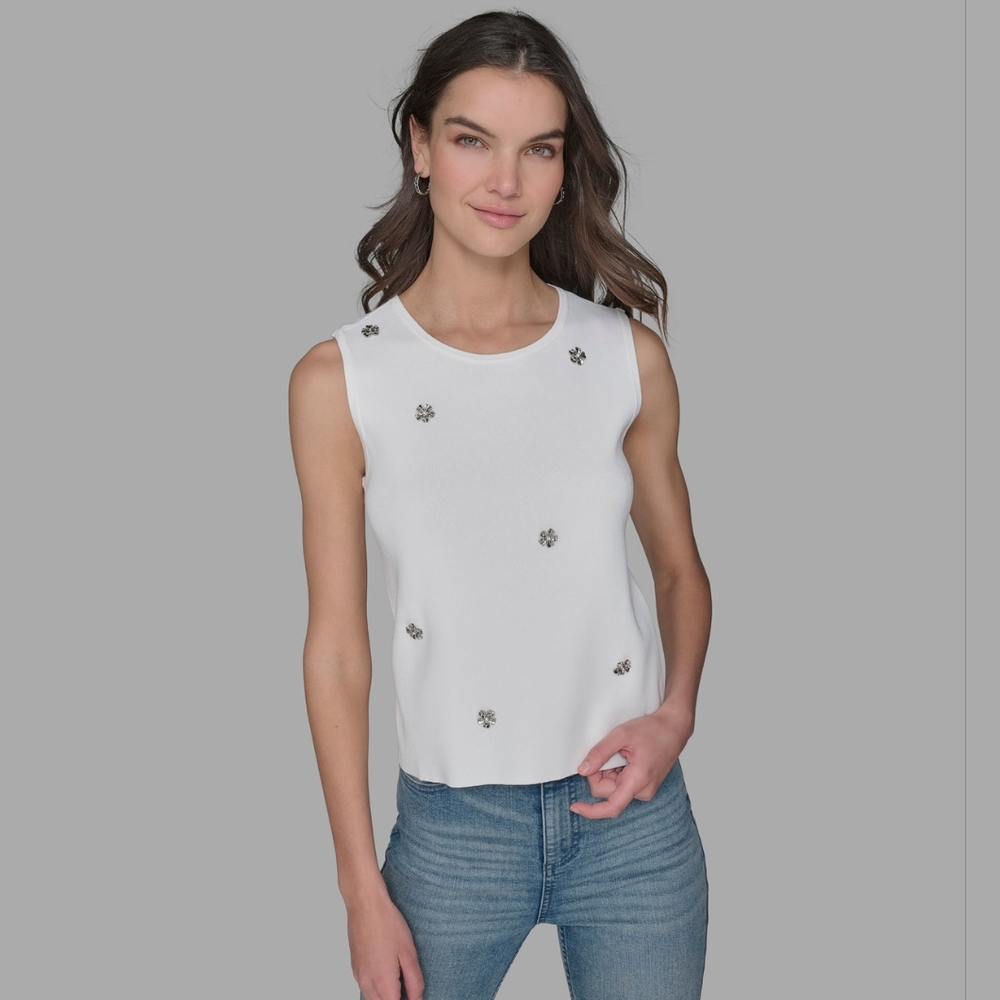 KARL LAGERFELD PARIS FLORAL CHARM SWEATER SHELL IN SIZE (L)